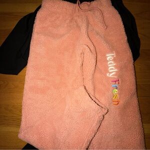 Teddy Fresh Coral Sherpa Pants with Multicolor Embroidery